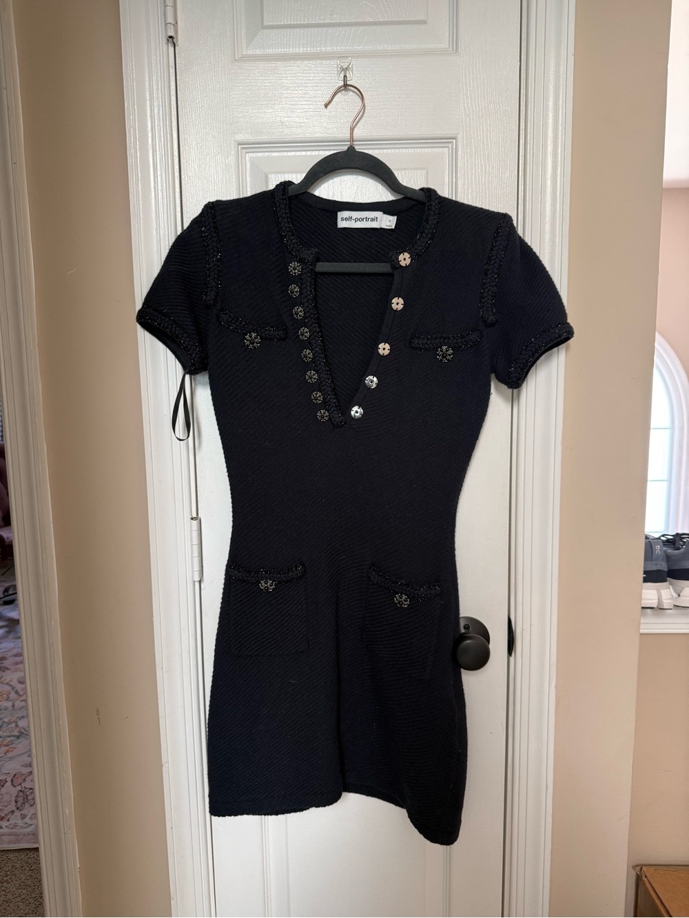 Self-Portrait Black Short-Sleeve Knit Mini Dress with Embellished Buttons